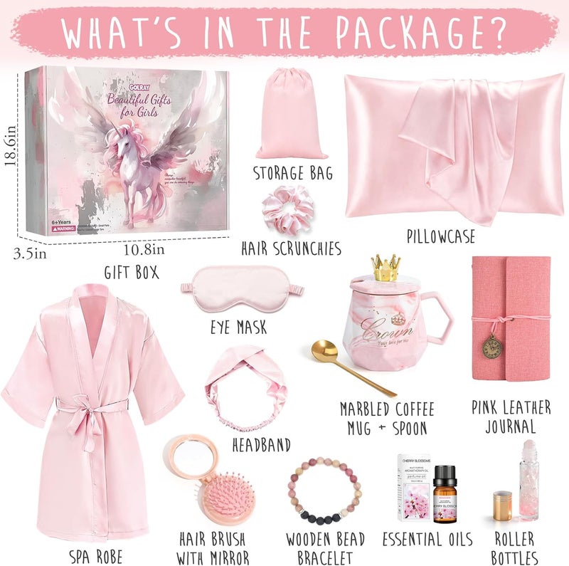 Golray Gifts for Teen Girls Kids -13 Pcs Teenage Girl Basket with Satin Pillowcase/Spa Robe/Journal/Mug, Christmas Birthday Gifts Set for Women Daughter Sister Tween Toy Age 10 11 12 14-18 - Image 2